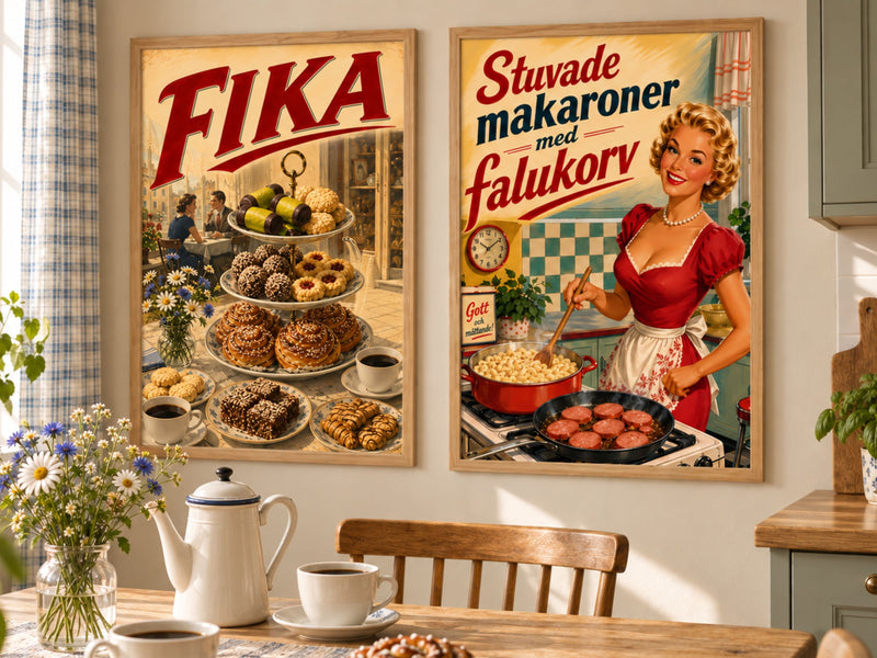 Vintage-posters med mat- och fikamotiv i klassisk illustrationsstil