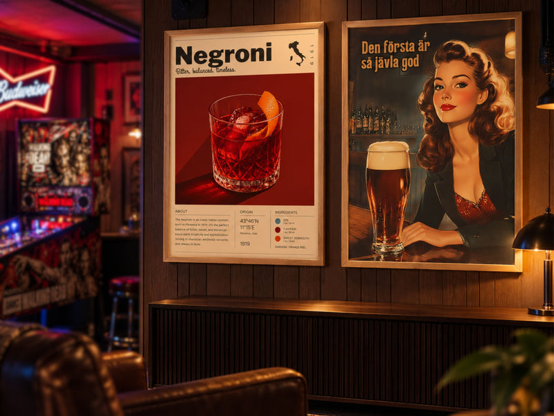 Vintage-posters med klassisk cocktail och barmotiv i retro-illustrationsstil
