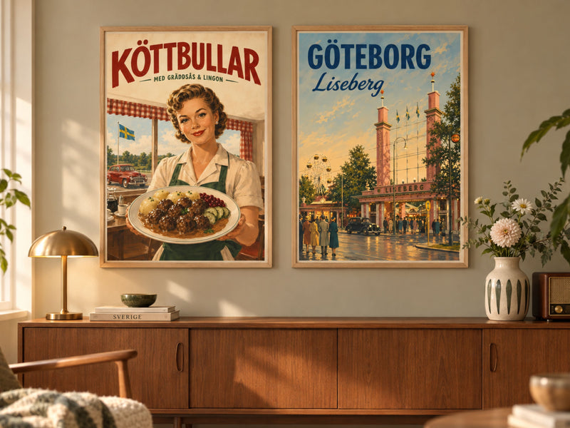 Vintage-poster med klassiskt svenska motiv i nostalgiskt och varmt illustrationsstil